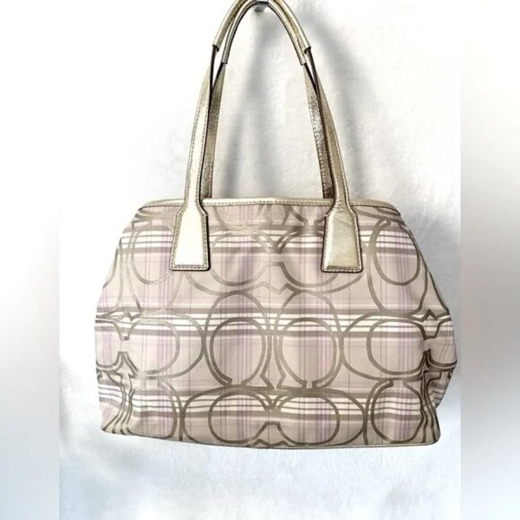 Coach Poppy Tartan Kiss lock shoulder bag Lavendar, Gold, Cream Triple Entry - Picture 3 of 8